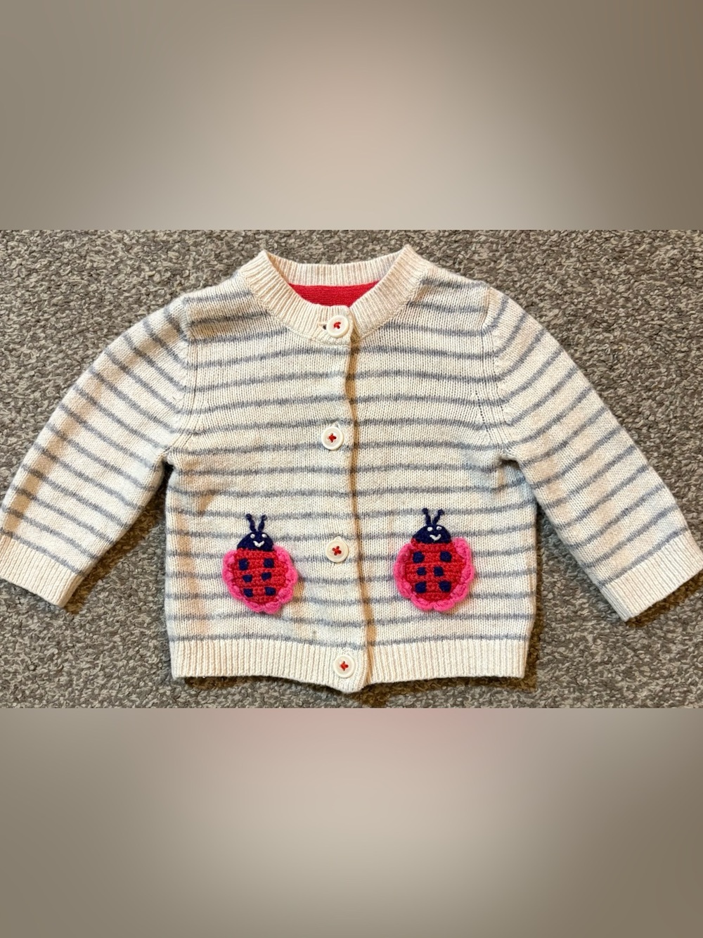 Baby Boden Cream and Light Blue Striped Cardigan with Pink Ladybug Pockets